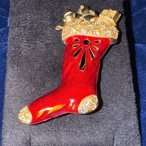 Vintage Stocking Brooch filled with toys red enamel on Gold w/ crystals 🐈‍⬛